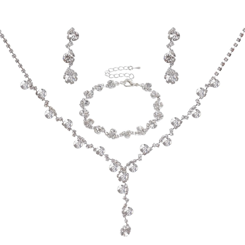 Silver Crystal Jewelry Set Rhinestone Necklace Earrings Bracelet